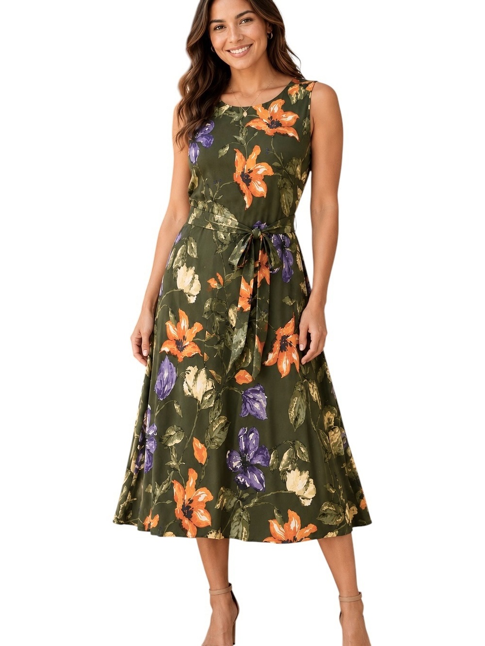 Lauren Ralph Lauren Floral Crepe Midi Dress Womens 14 Olive Green Sleeveless Tie